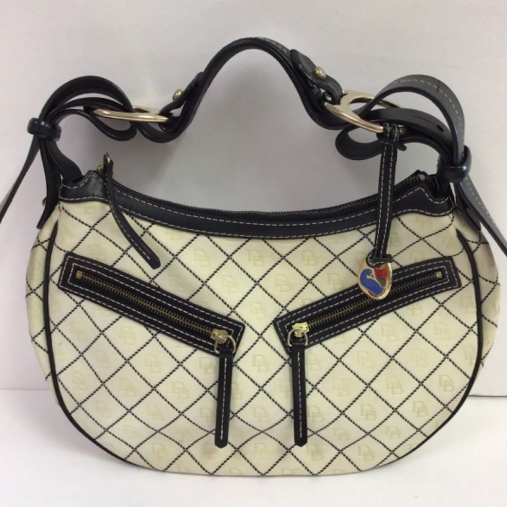 Dooney and Bourke Cream And Black Leather Monogram Hobo Handbag Vintage - Picture 4 of 6